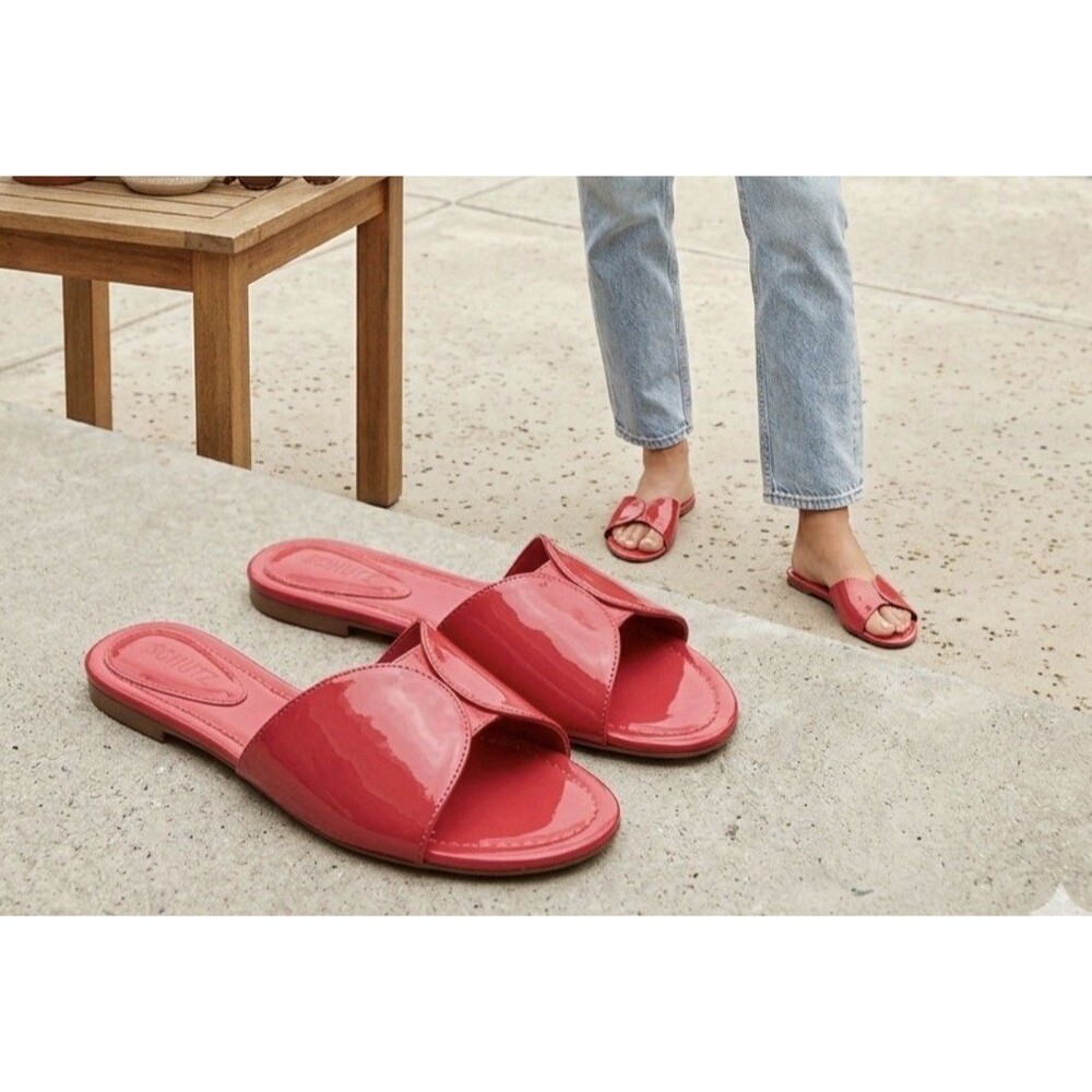Schutz fuchsia patent sandals